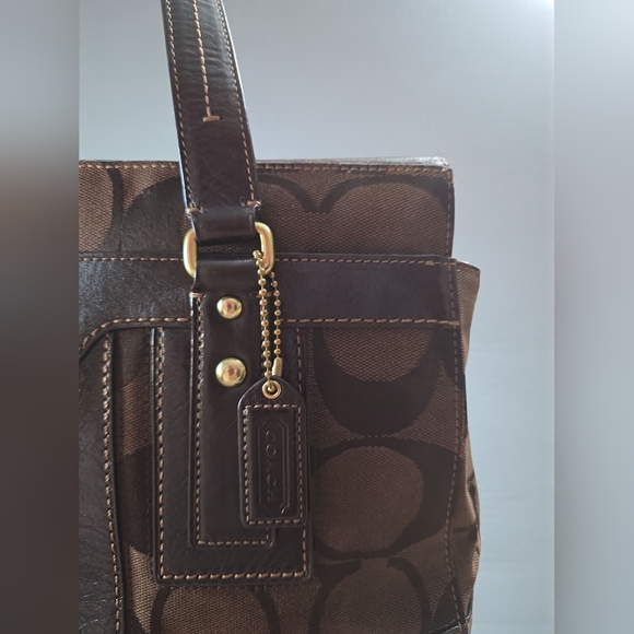 COACH Hamptons Sig C Brown Chestnut Leather Stripe Med Carryall Tote Satchel EUC - Picture 5 of 13